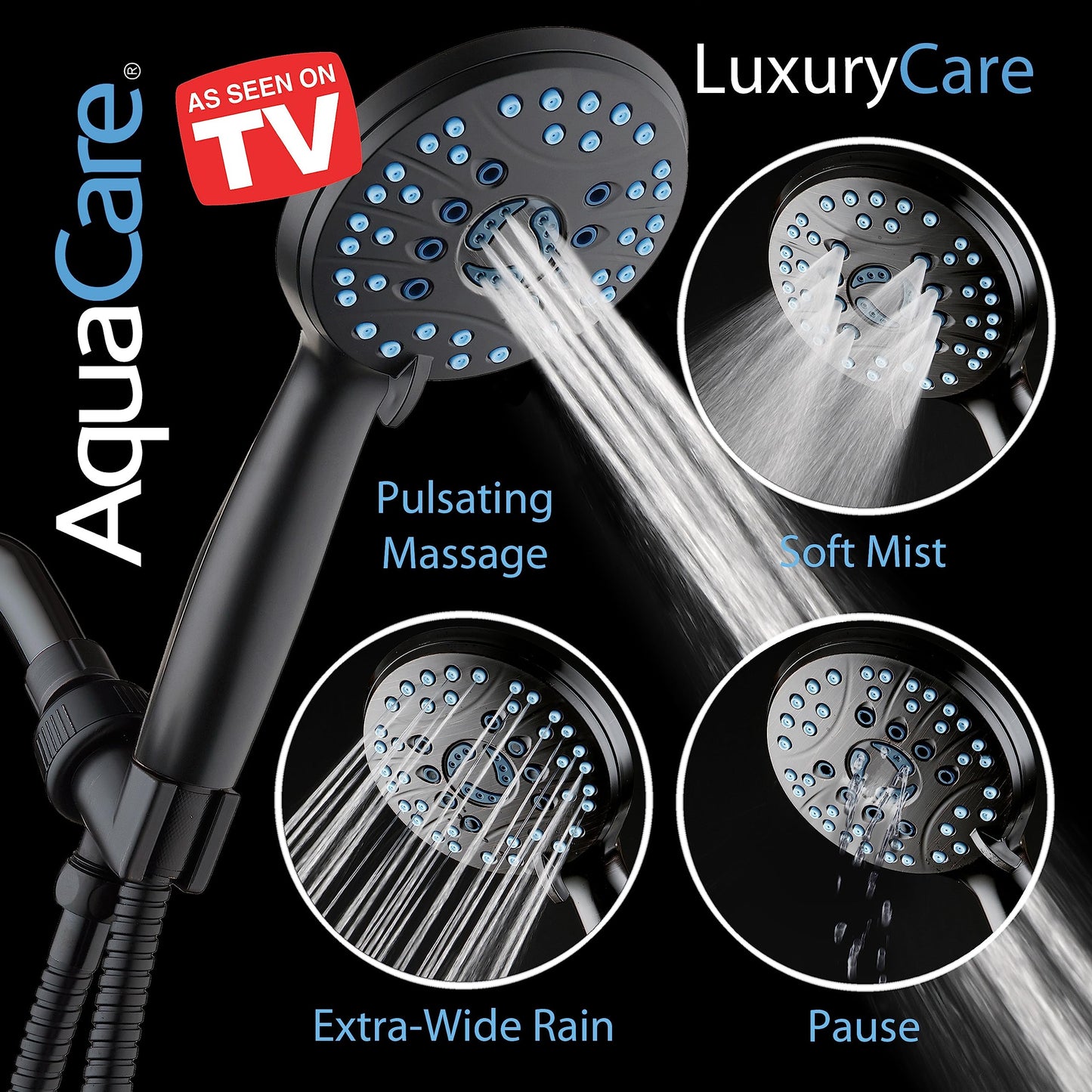 AquaCare 8-mode High Pressure Handheld Shower Head with 2-mode Power Wash | Stay Clean Nozzles, Dual Power Wash for Tub, Tile & Pets, Long 6 ft. Stainless Steel Hose, Wall & Overhead Brackets / Chrome