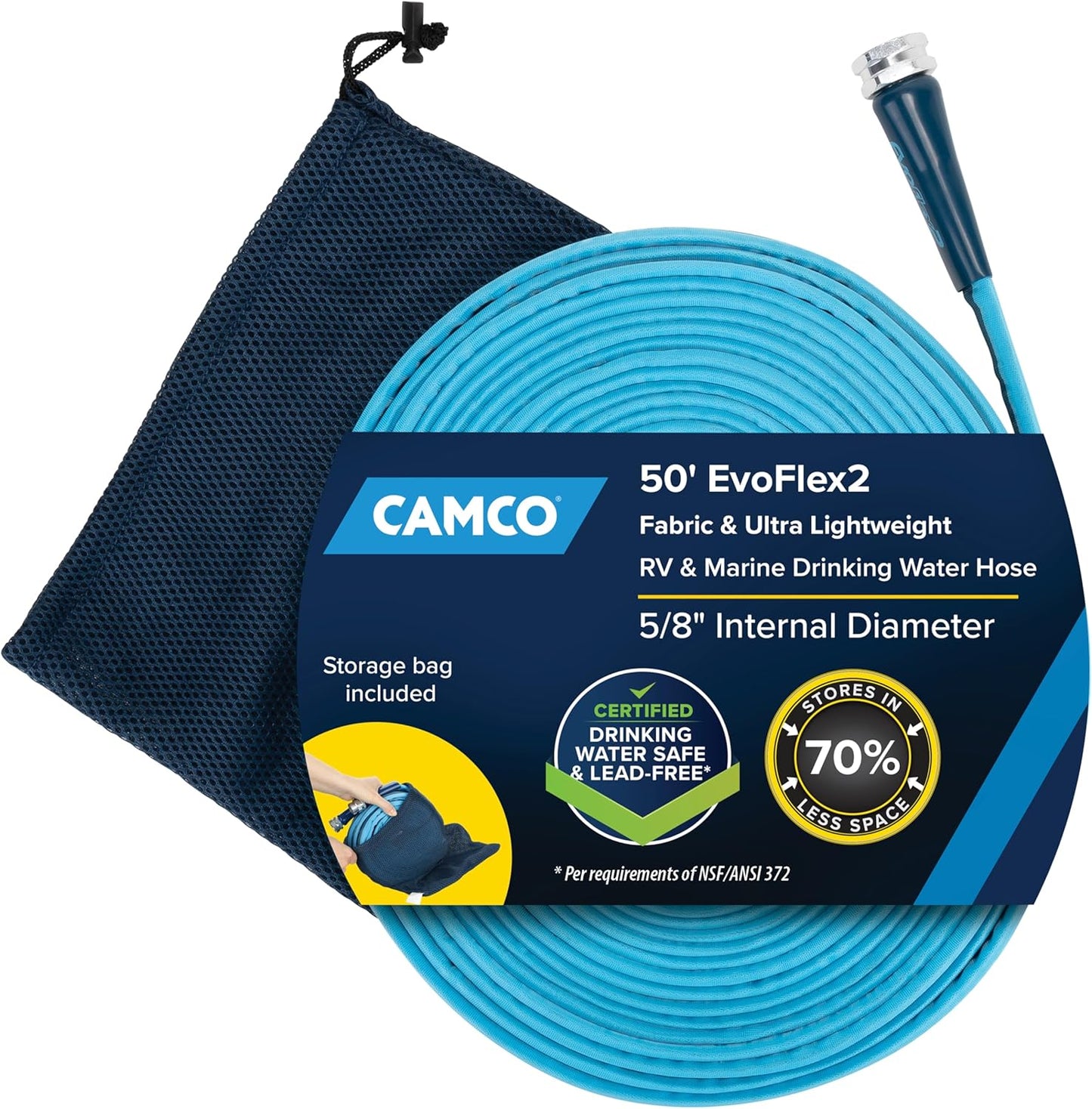 Camco EvoFlex2 50-ft RV Drinking Water Hose | Lightweight RV Drinking Water Hose Reinforced w/ Fabric - Contains No Lead, No BPA & No Phthalate -Abrasion Resistant (22579)