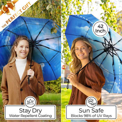 Strongest Windproof Travel Umbrella (Compact, 100MPH Wind-Tested), Light, Portable, One-Handed Use, Automatic Folding Rain Umbrella, Durable, Premium Grip, Fits Car & Backpack