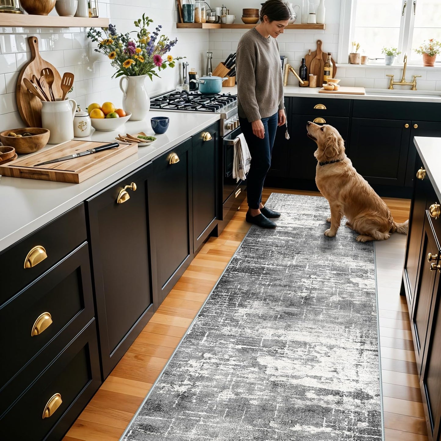 2x6 Hallway Washable Runner Rug : Vintage Soft Kitchen Laundry Runner with Non Slip Backing Farmhouse Entryway Living Room Floor Mat Stain Resistant Carpet for Bedroom Bathroom Distressed Beside Rug