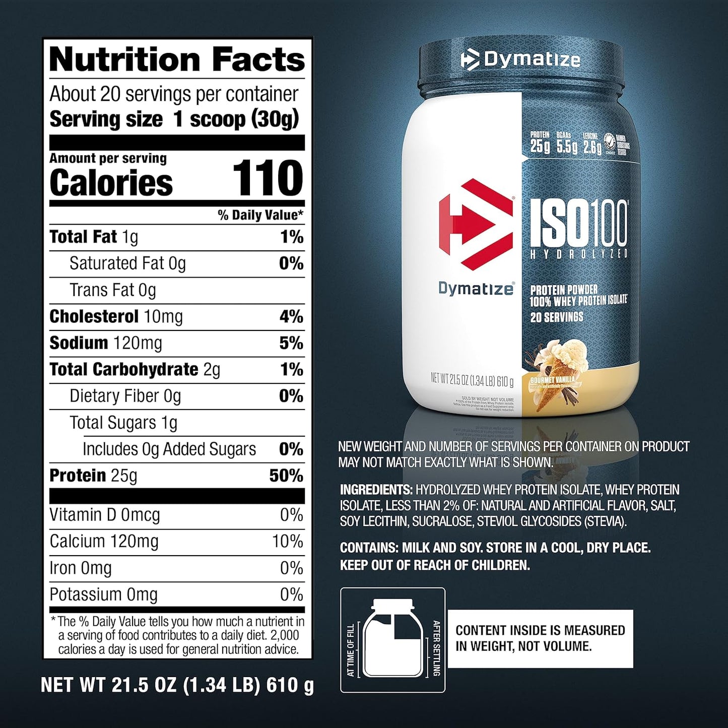 Dymatize ISO100 Protein Powder, 100% Whey Isolate, Cookies & Cream | 25g Protein, Hydrolyzed, Fast-Absorbing, Supports Muscle Health, 5.5g BCAAs, Gluten-Free, 20 Servings, 1.3 lb