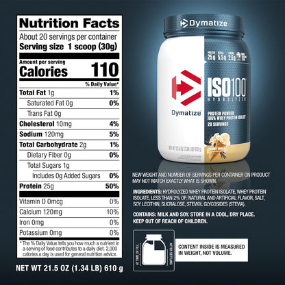 Dymatize ISO100 Protein Powder, 100% Whey Isolate, Cookies & Cream | 25g Protein, Hydrolyzed, Fast-Absorbing, Supports Muscle Health, 5.5g BCAAs, Gluten-Free, 20 Servings, 1.3 lb