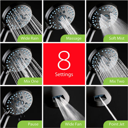AquaCare 8-mode High Pressure Handheld Shower Head with 2-mode Power Wash | Stay Clean Nozzles, Dual Power Wash for Tub, Tile & Pets, Long 6 ft. Stainless Steel Hose, Wall & Overhead Brackets / Chrome