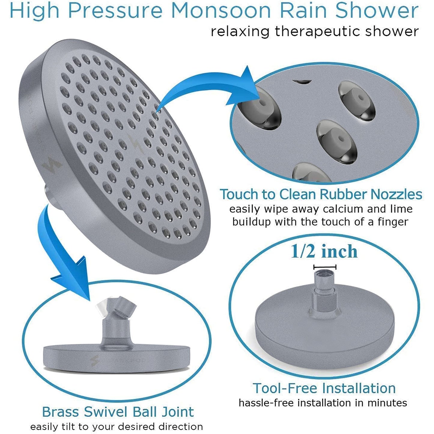 SparkPod Rain Shower Head, 6 Inch Round, Luxury Polished Chrome Finish | High Pressure Shower Heads, 90 Nozzles, Adjustable Showerhead, No Tools Needed, Universal Connection