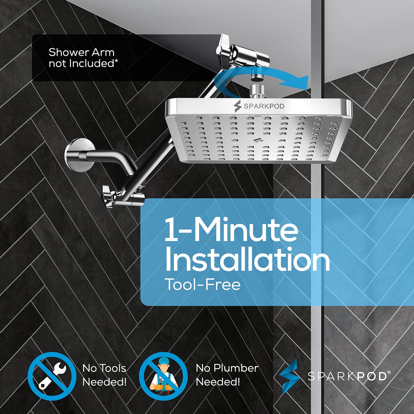 SparkPod Rain Shower Head, 6 Inch Round, Luxury Polished Chrome Finish | High Pressure Shower Heads, 90 Nozzles, Adjustable Showerhead, No Tools Needed, Universal Connection