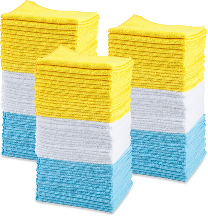 Amazon Basics Microfiber Cleaning Cloths, Ultra Absorbent, Lint Free, Streak Free, Non-Abrasive, Reusable and Washable, 16" x 12", Blue/White/Yellow, Pack of 24