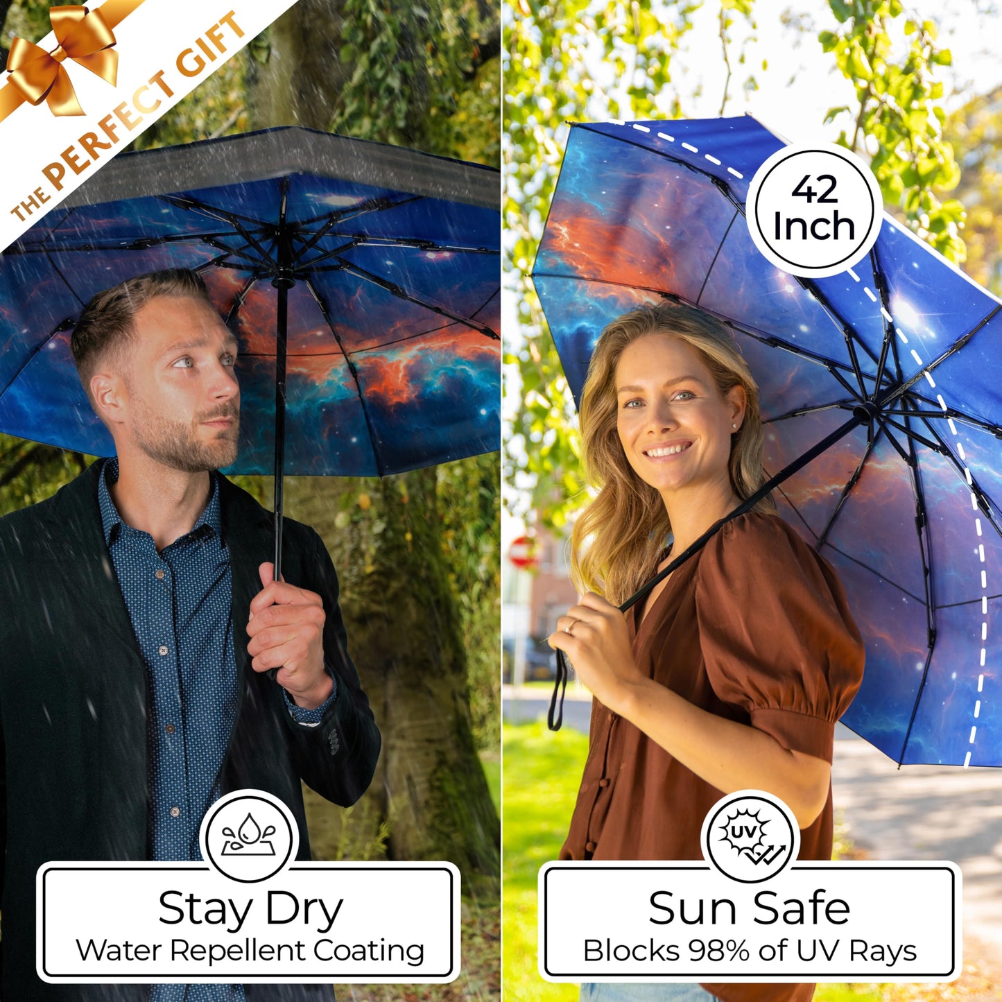 Strongest Windproof Travel Umbrella (Compact, 100MPH Wind-Tested), Light, Portable, One-Handed Use, Automatic Folding Rain Umbrella, Durable, Premium Grip, Fits Car & Backpack