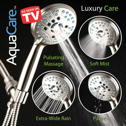 AquaCare 8-mode High Pressure Handheld Shower Head with 2-mode Power Wash | Stay Clean Nozzles, Dual Power Wash for Tub, Tile & Pets, Long 6 ft. Stainless Steel Hose, Wall & Overhead Brackets / Chrome