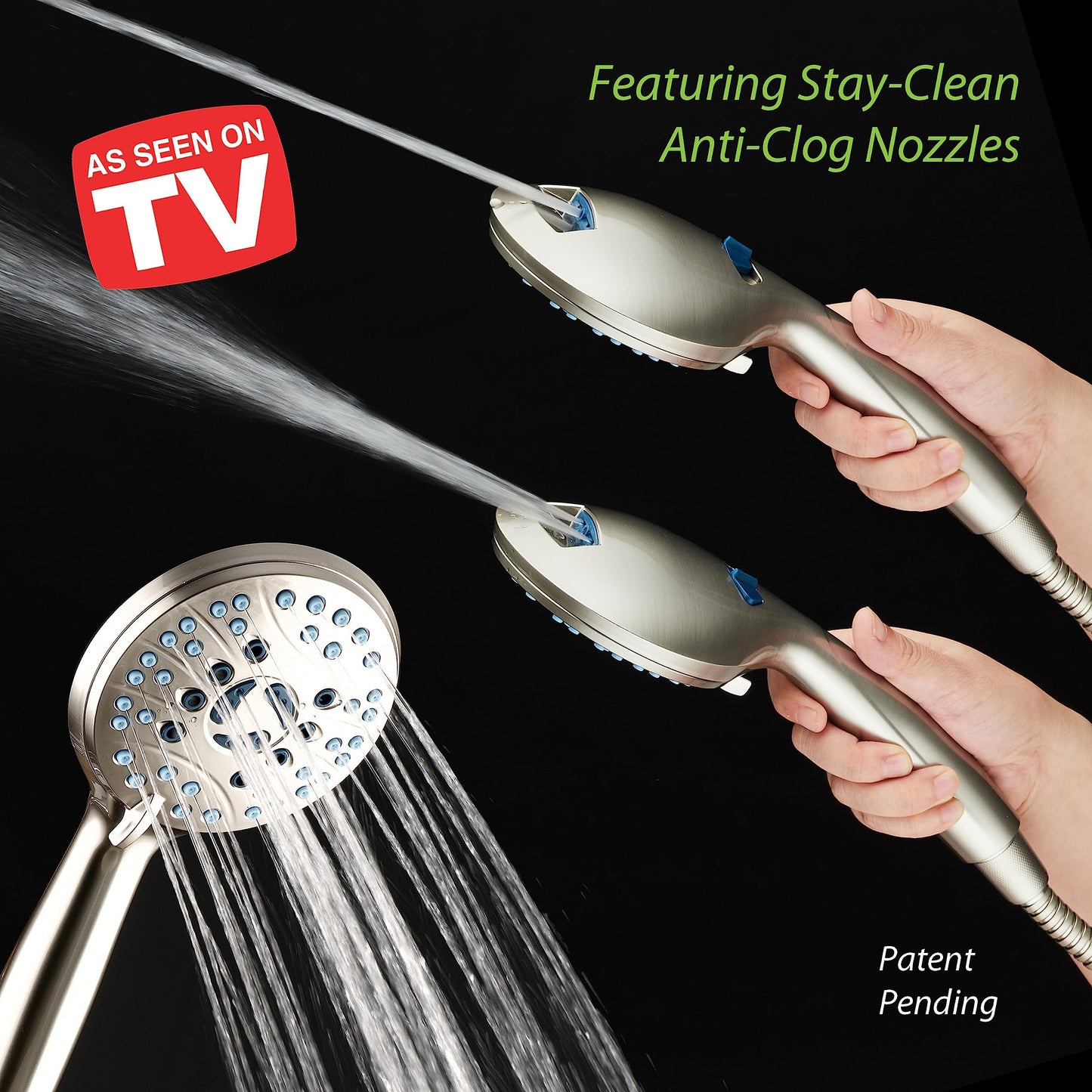 AquaCare 8-mode High Pressure Handheld Shower Head with 2-mode Power Wash | Stay Clean Nozzles, Dual Power Wash for Tub, Tile & Pets, Long 6 ft. Stainless Steel Hose, Wall & Overhead Brackets / Chrome