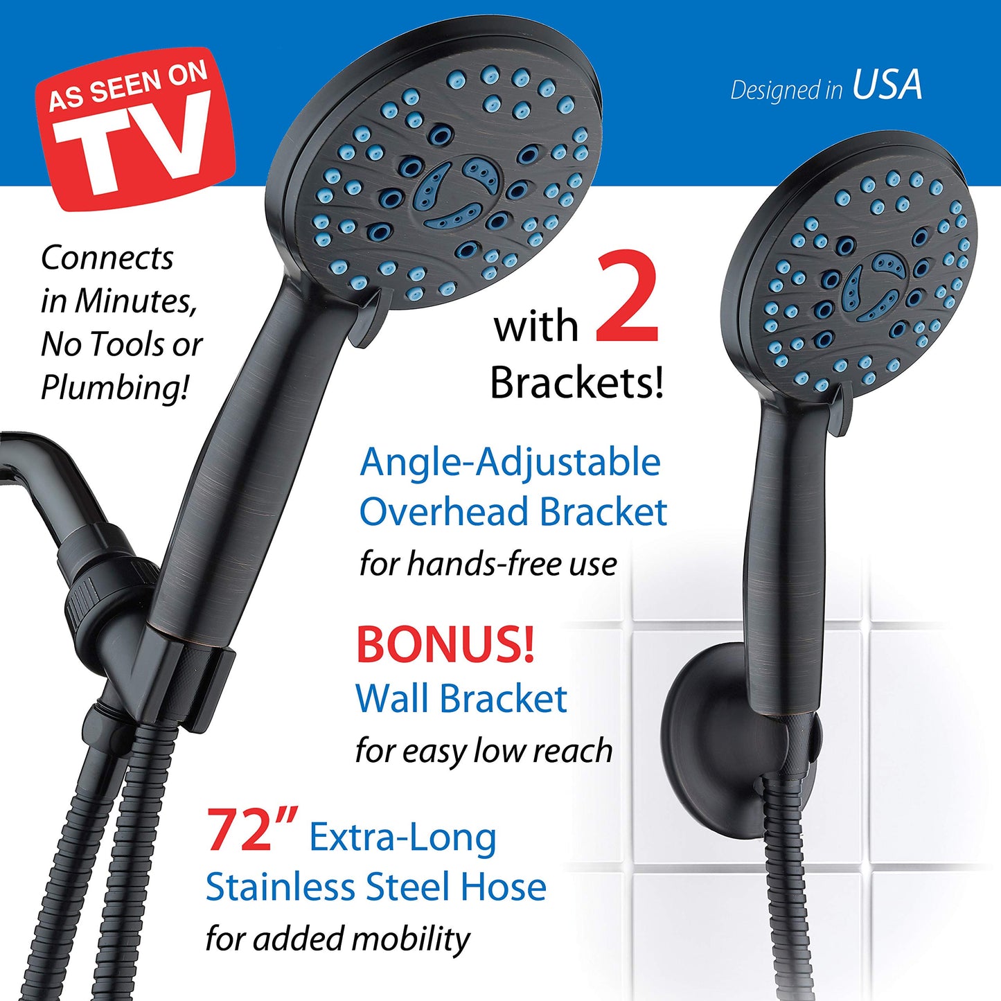 AquaCare 8-mode High Pressure Handheld Shower Head with 2-mode Power Wash | Stay Clean Nozzles, Dual Power Wash for Tub, Tile & Pets, Long 6 ft. Stainless Steel Hose, Wall & Overhead Brackets / Chrome