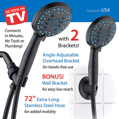 AquaCare 8-mode High Pressure Handheld Shower Head with 2-mode Power Wash | Stay Clean Nozzles, Dual Power Wash for Tub, Tile & Pets, Long 6 ft. Stainless Steel Hose, Wall & Overhead Brackets / Chrome