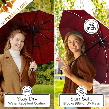 Strongest Windproof Travel Umbrella (Compact, 100MPH Wind-Tested), Light, Portable, One-Handed Use, Automatic Folding Rain Umbrella, Durable, Premium Grip, Fits Car & Backpack