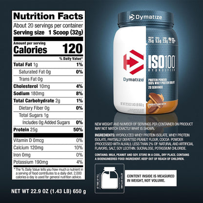 Dymatize ISO100 Protein Powder, 100% Whey Isolate, Cookies & Cream | 25g Protein, Hydrolyzed, Fast-Absorbing, Supports Muscle Health, 5.5g BCAAs, Gluten-Free, 20 Servings, 1.3 lb