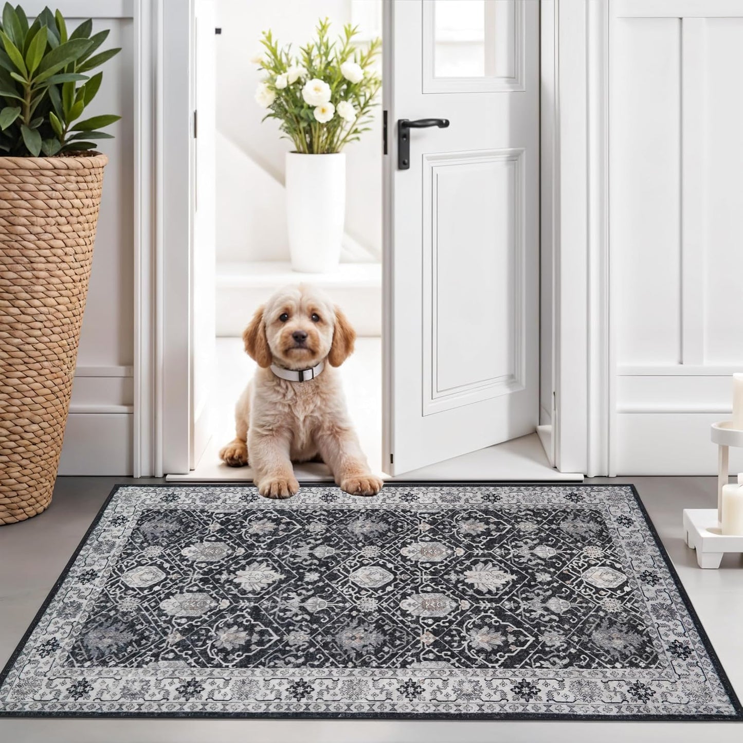 2x6 Hallway Washable Runner Rug : Vintage Soft Kitchen Laundry Runner with Non Slip Backing Farmhouse Entryway Living Room Floor Mat Stain Resistant Carpet for Bedroom Bathroom Distressed Beside Rug