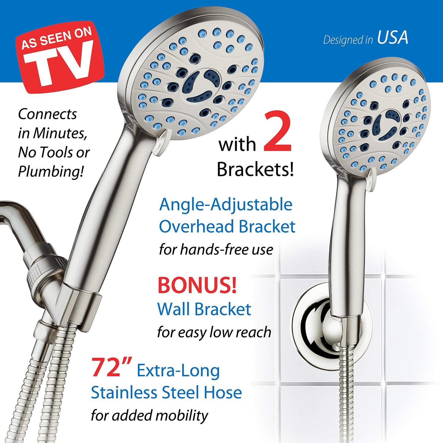 AquaCare 8-mode High Pressure Handheld Shower Head with 2-mode Power Wash | Stay Clean Nozzles, Dual Power Wash for Tub, Tile & Pets, Long 6 ft. Stainless Steel Hose, Wall & Overhead Brackets / Chrome
