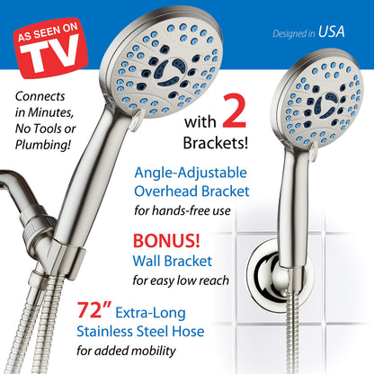 AquaCare 8-mode High Pressure Handheld Shower Head with 2-mode Power Wash | Stay Clean Nozzles, Dual Power Wash for Tub, Tile & Pets, Long 6 ft. Stainless Steel Hose, Wall & Overhead Brackets / Chrome