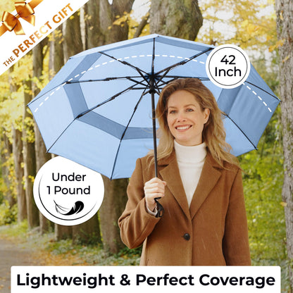 Strongest Windproof Travel Umbrella (Compact, 100MPH Wind-Tested), Light, Portable, One-Handed Use, Automatic Folding Rain Umbrella, Durable, Premium Grip, Fits Car & Backpack