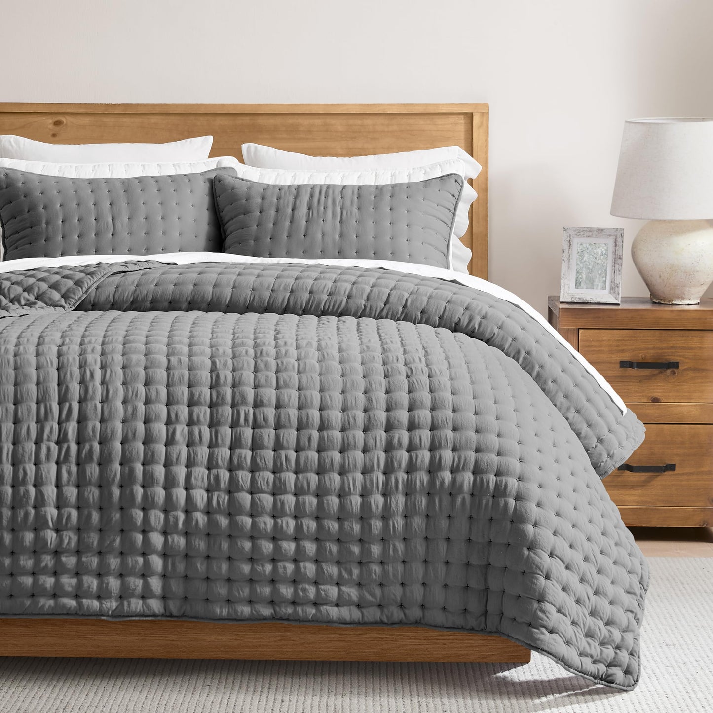 WDCOZY Beige King Size Quilt Bedding Sets with Pillow Shams, Tan Cream Lightweight Bedspread Coverlet, Quilted Blanket Thin Comforter Bed Cover, All Season Summer Spring, 3 Pieces, 104x90 inches