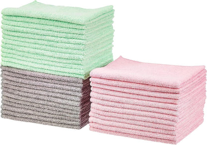 Amazon Basics Microfiber Cleaning Cloths, Ultra Absorbent, Lint Free, Streak Free, Non-Abrasive, Reusable and Washable, 16" x 12", Blue/White/Yellow, Pack of 24